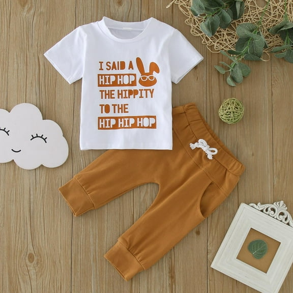 XUELUO Toddler Boys Casual Outfit Sets Girls Short Sleeve Easter Rabbit Prints T Shirt Pullover Tops Pants Outfits Clothing Streetwear