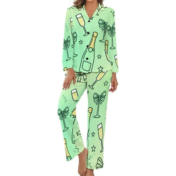 Top-kevin Pajama Sets for Womens Champagne Bottles Bows Loose Button Down Long Sleeve Shirts And Pants Set