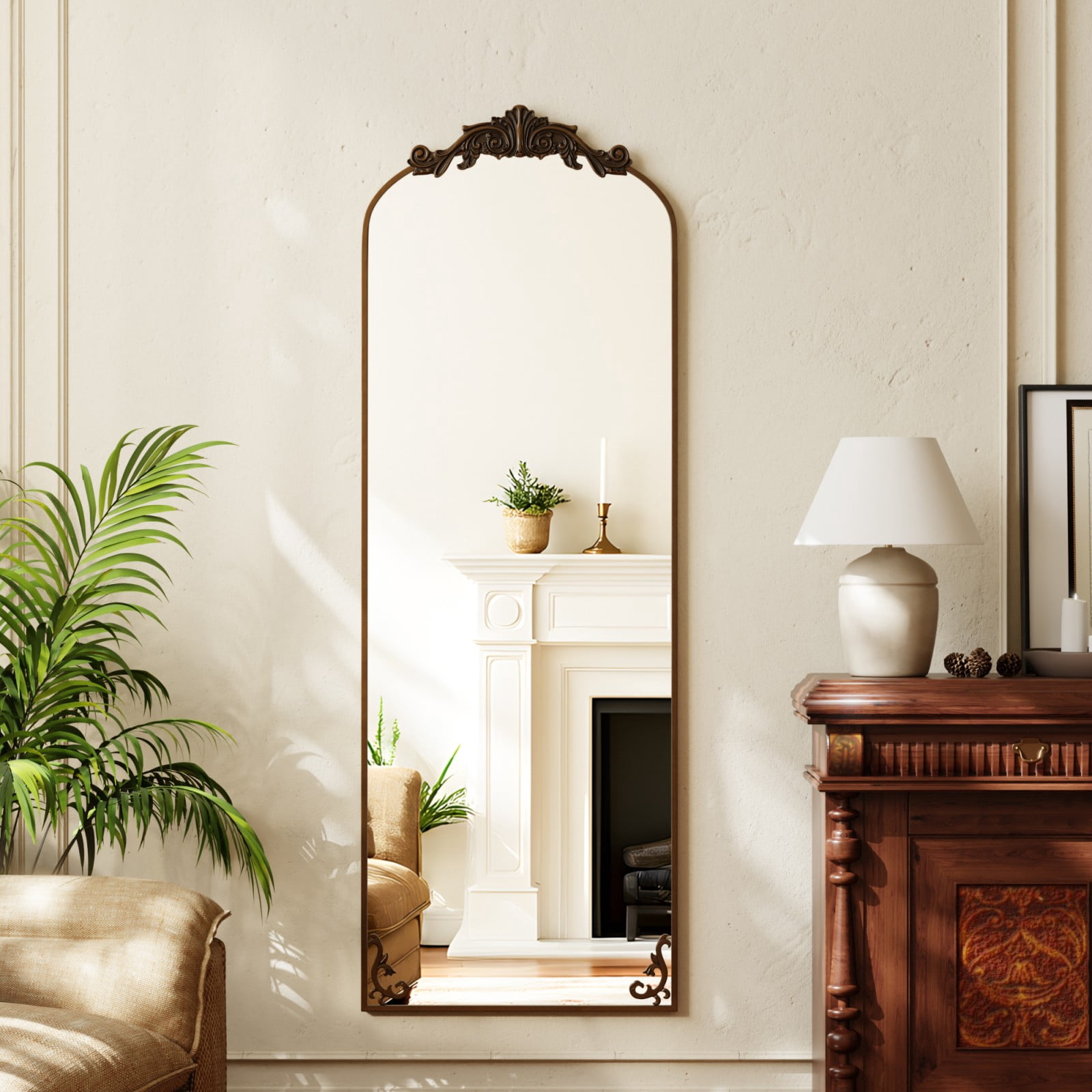 AUROMIR 64"x 21" Arched Full Length Mirror Vintage Floor Mirror with Carved Metal Frame, Antique Bronze