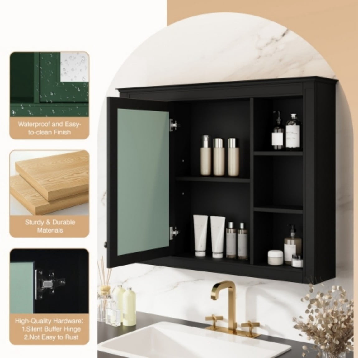 35"x 28" Wall Mounted Bathroom Medicine Cabinet with Mirror, Bathroom Storage Cabinet with 6 Open Shelves, Adjustable Shelves & Towel Bar, Black