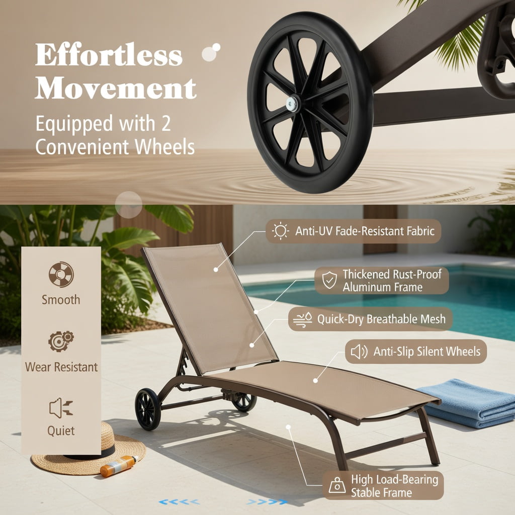 Hommoo Heavy-Duty Adjustable Chaise Lounge Chair with Rotating Sun Canopy, Built-in Cup Holder & Smooth-Rolling Wheels, Outdoor Recliner for Patio, Poolside & Balcony, Brown