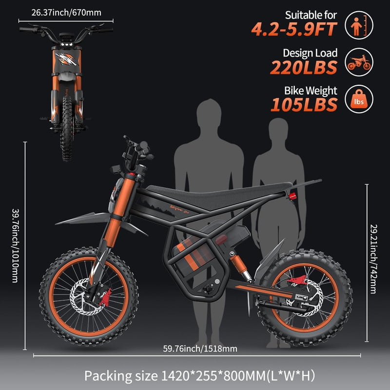 37MPH Riding'times GT54 Electric Dirt Bike for Teens Adults,48V27AH Electric Motorcycle with 14"/12" Fat Tire Ebike,2000W Dual Hydraulic Brakes Mountain Off-Road Ebike UL2849
