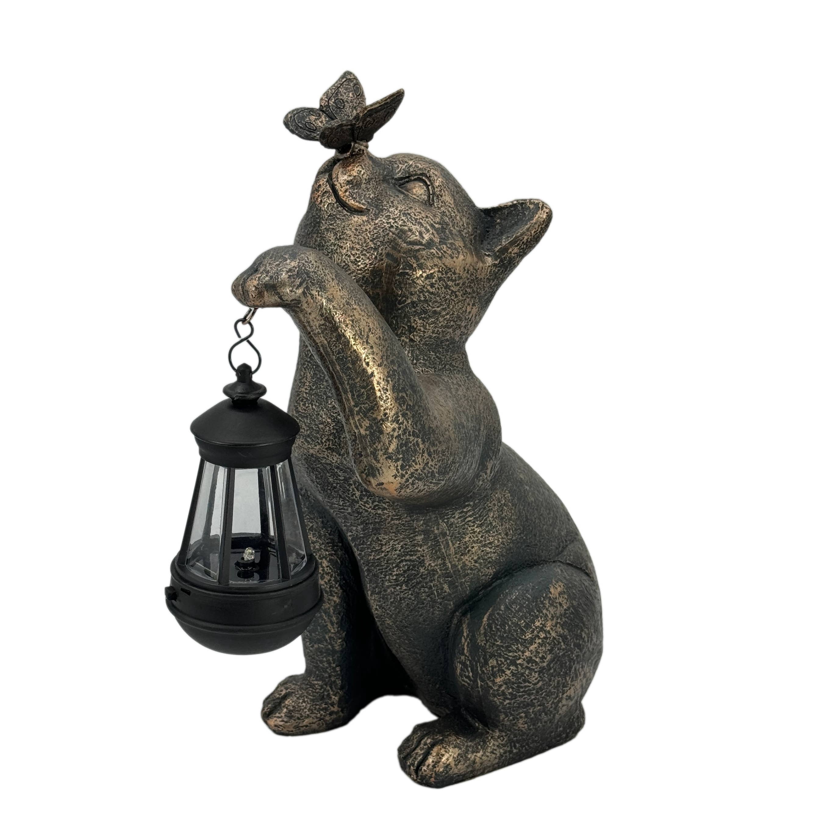 Galt International Solar LED Lantern Kitty Cat & Butterfly Statue