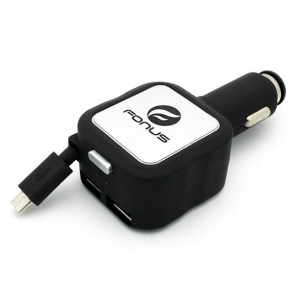 4.8Amp Retractable Rapid Car DC Charger Dual USB Port W8R for Blackberry Z10, Q10, Z30, Priv, DTek50 - BLU S1, Vivo XL4 XI, Studio X8 HD Touch, Pure View, R1 Plus, Go, Life One X3 X2 Play S