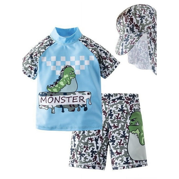 Kids Boys Cartoon Animals Printed Rash Guard with Hat 3pcs Swimsuit Pool Party Swimwear Beach Bathing Suit (Camo Monster, 7)