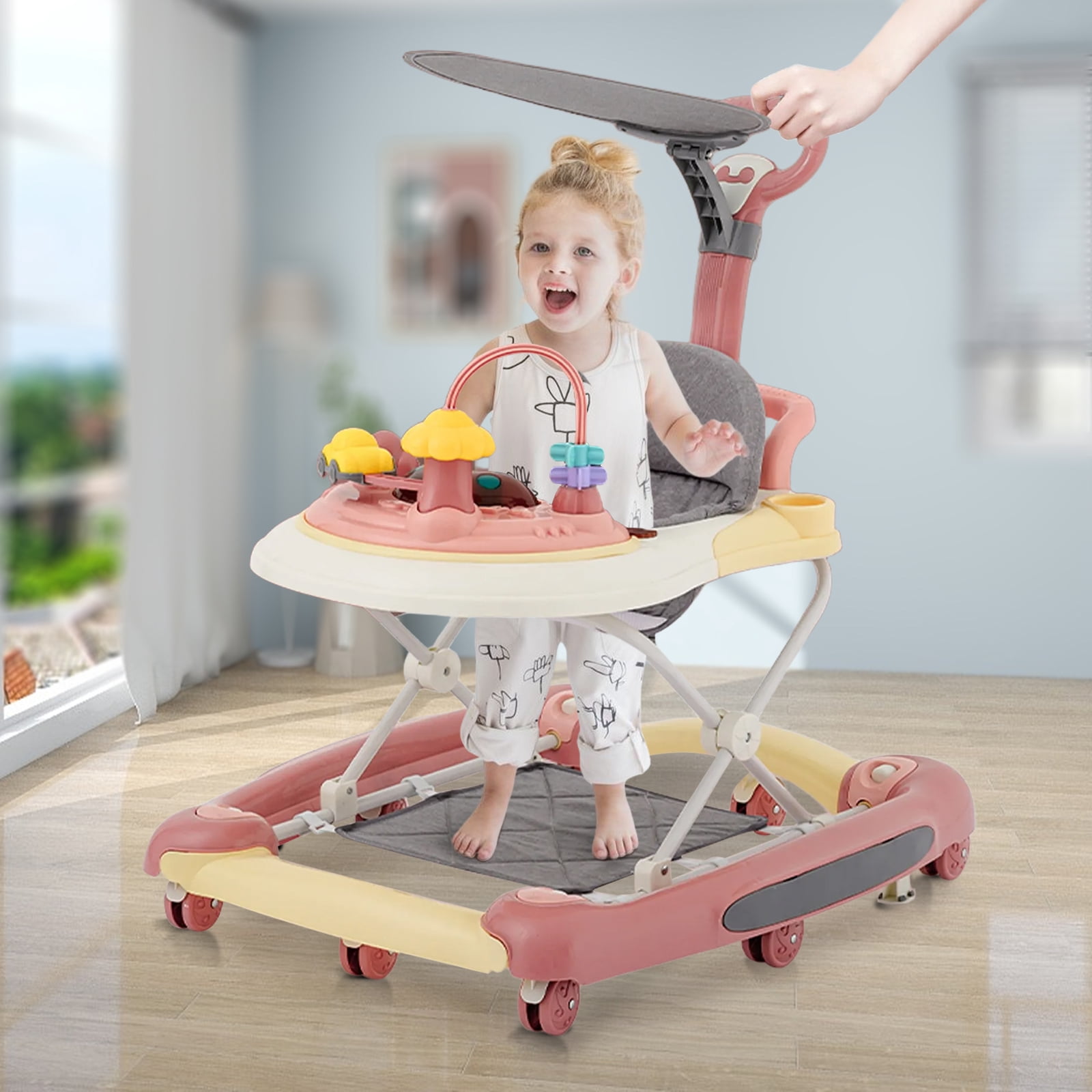 OUYI Foldable Baby Walker for Newborn & Toddler Safe - Sunshade, Foldable for Portability, Pink