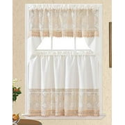 3pc Rod Pocket Embroidered Kitchen Curtains And Valances Set Swag Curtains & Tier Set 36 Inch Length Floral Fruit Designs Many Colors( BT364-BEIGE)