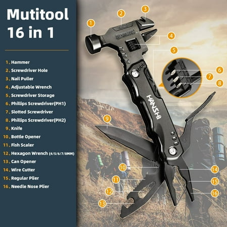 TYHREF-Adjustable Wrench Multitool Hammer for Survival 16 in 1 Multitools Pliers with Nylon Sheath Pocket Knife Multi Screwdriver Tool All in One Camping Accessories for Stocking Stuffers for Men