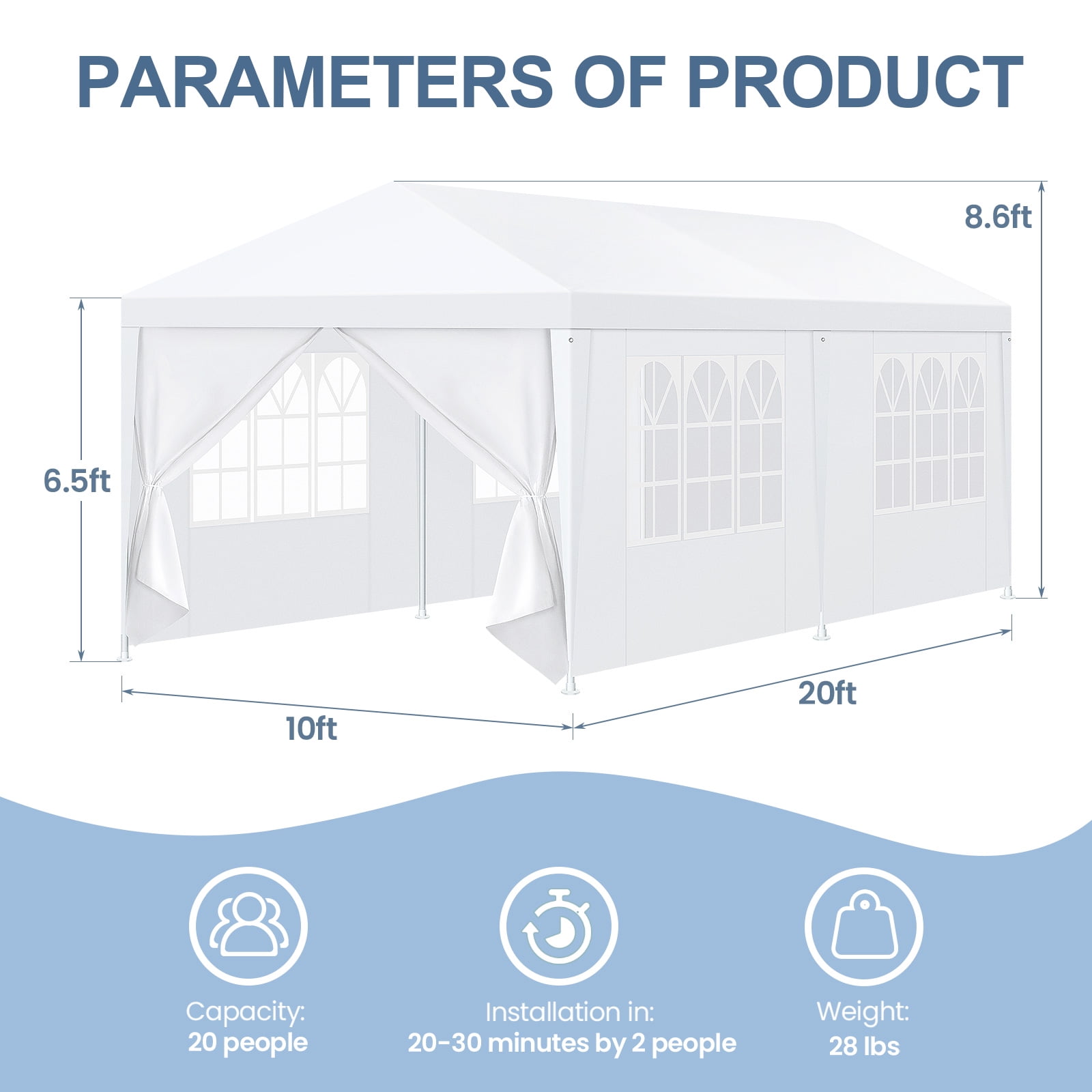 Hoteel 10'x20' Canopy Party Tent with 4 Removable Sidewalls,Outdoor Tent Large Canopy for Weddings,Parties,Patio Camping Gazebo,All Season & Waterproof,White