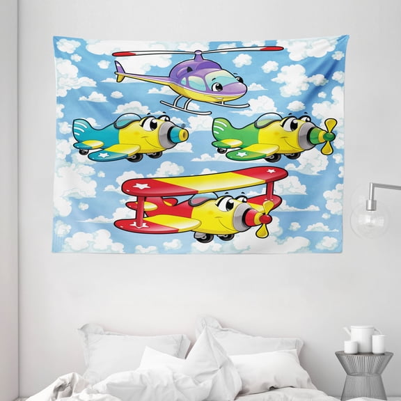 Cartoon Decor Tapestry, Kids Cute Airplanes and Helicopters with Faces in Cloudy Sky Baby Nursery Print, Wall Hanging for Bedroom Living Room Dorm Decor, 80W X 60L Inches, Multi, by Ambesonne