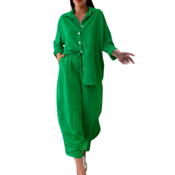 Baqcunre Linen Pants Women 2 Piece Retro Plus Size Cotton And Shirt Suit High Waist Slacks Suit Top Pants Long Sleeve Lounge Sets For Women Womens Pants Army Green L
