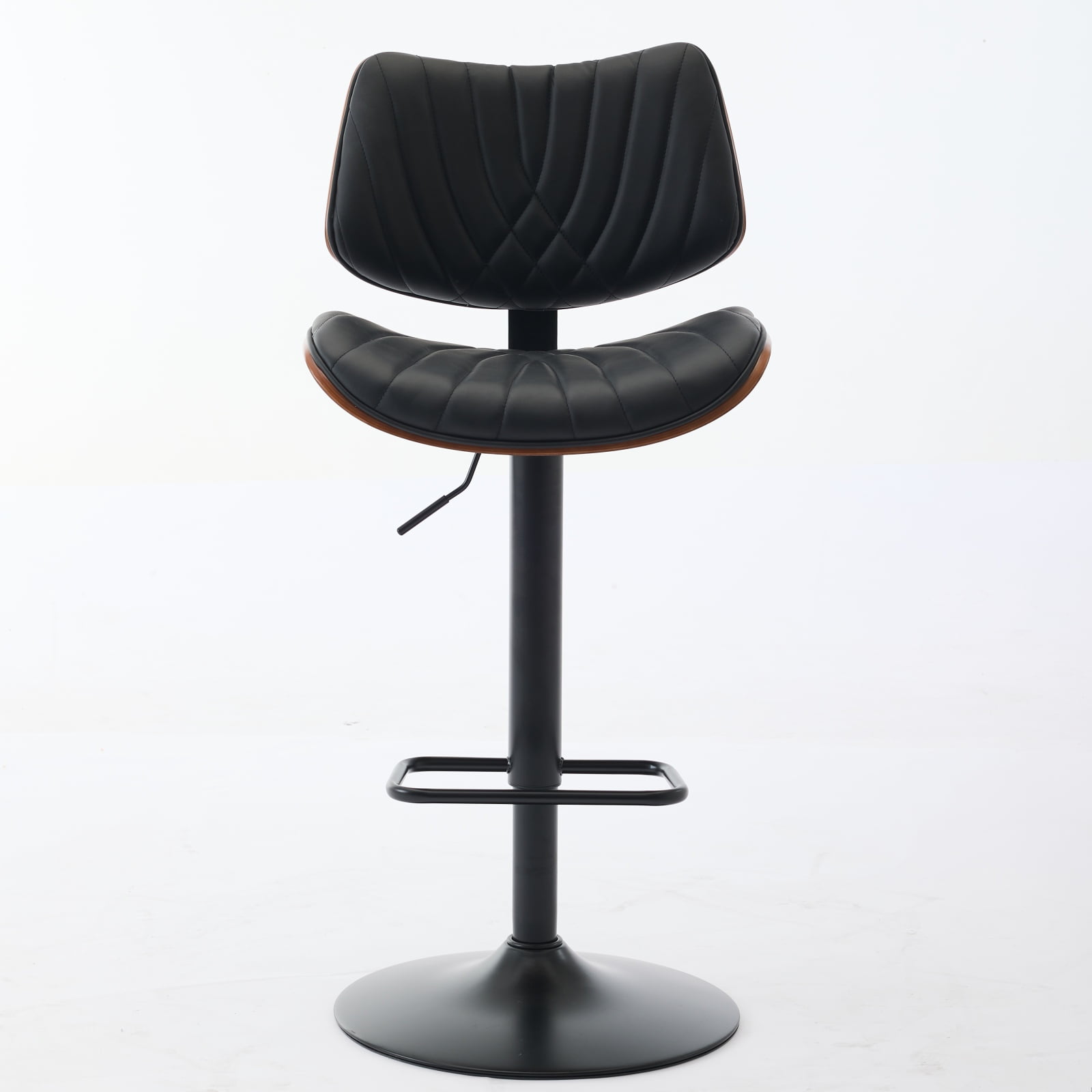 Adjustable Swivel Bar Stools Set of 2 Mid Century Modern Design with Walnut Bentwood and Black PU Leather Upholstery for Kitchen Island