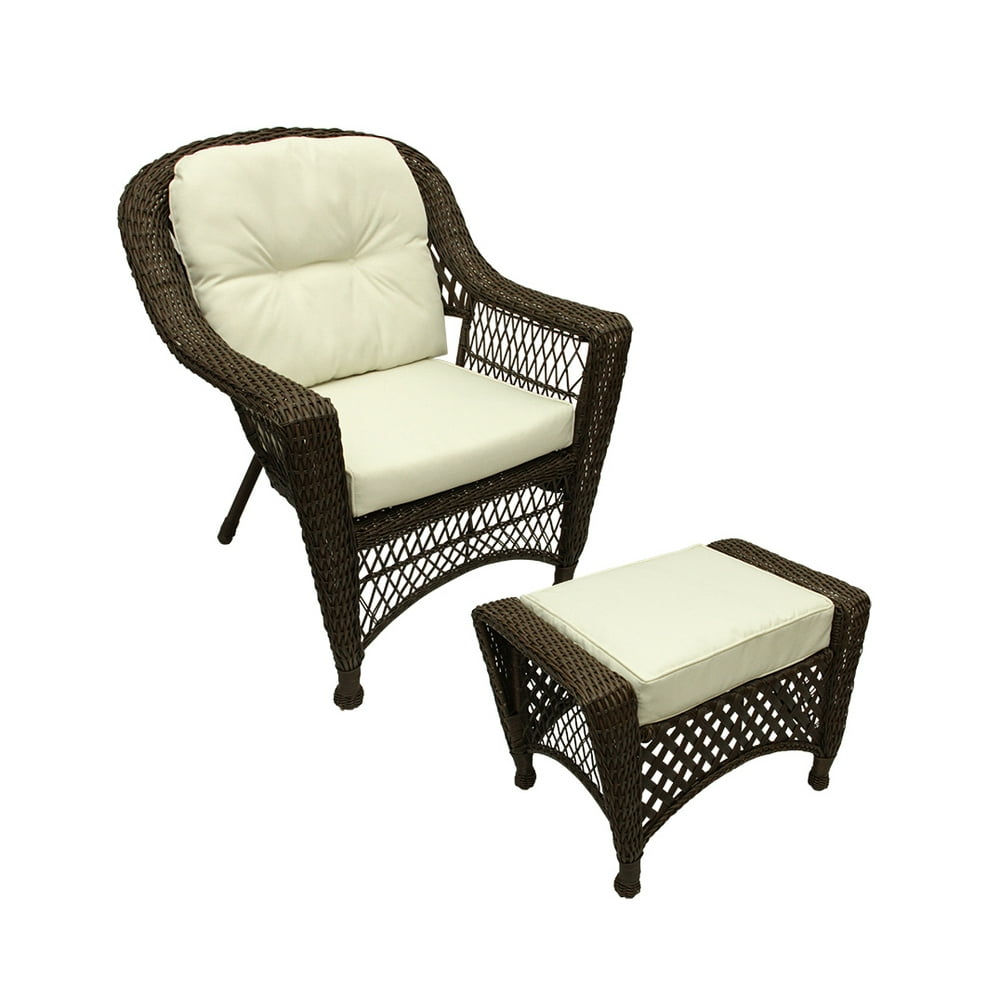 2 Piece Brown and Cream White Wicker Patio Chair and Ottoman Furniture