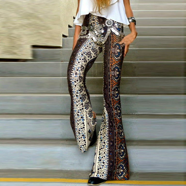 Women Floral Print Bell Bottom Pants Stretchy High Waist Casual