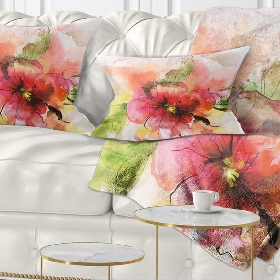Designart Pink and Red Floral Design - Watercolor Floral Throw Pillow - 12x20