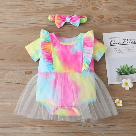 

Baby Fashion Gauze Skirt And Romper Tie-dye Dress + Cute Headband White