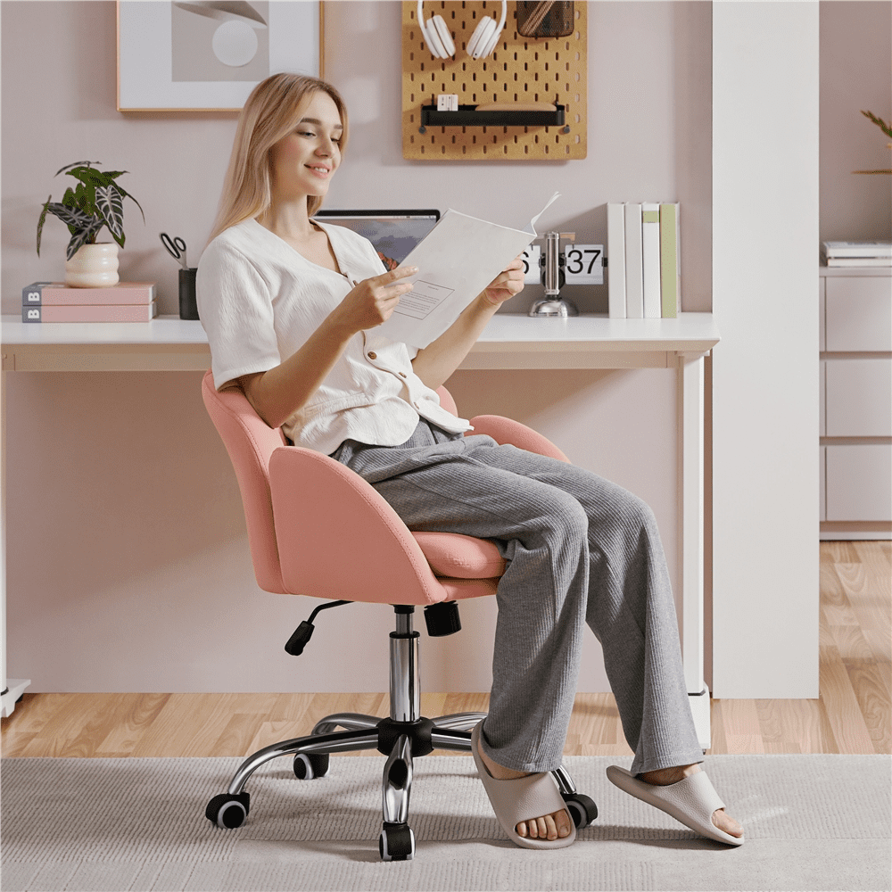 Alden Design Modern Velvet Rolling Desk Chair for Home Office, Pink