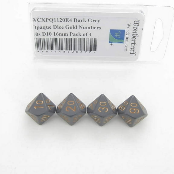 Dark Grey Opaque Dice with Gold Numbers 10s D10 Aprox 16mm (5/8in) Pack of 4 Wondertrail