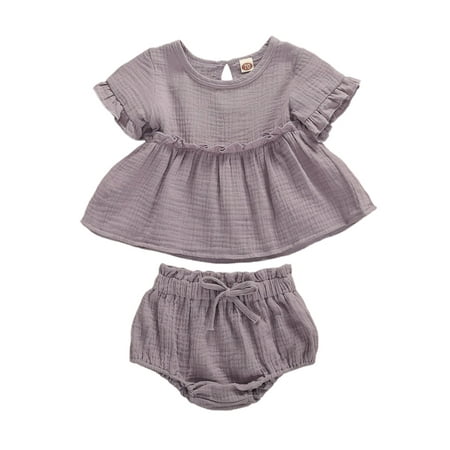

Yinyinxull 2pcs Newborn Infant Baby Girls Clothes Solid Ruffle T Shirt Tops+Shorts Outfits Purple 0-6 Months