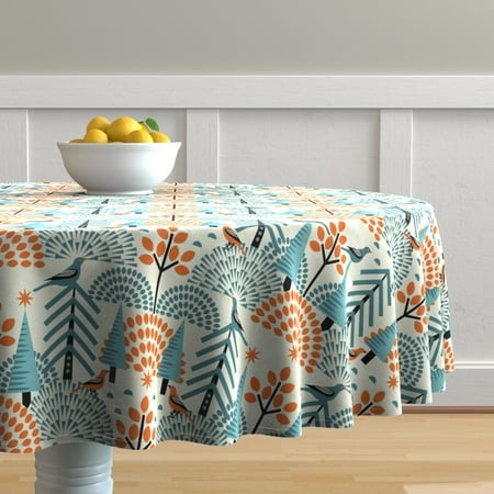 

Cotton Sateen Tablecloth 70 Round - Scandi Bird Orange Blue Green Folk Art Outdoors Autumn Fall Birding Print Custom Table Linens by Spoonflower