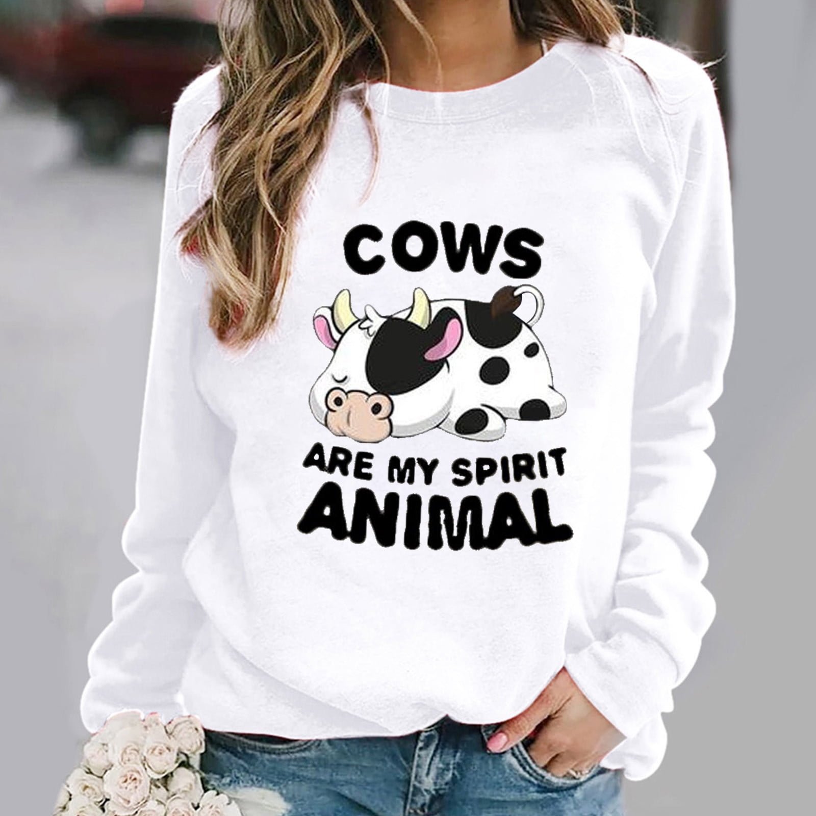TZNBGO Women's Sweatshirt Ladies Long Sleeve Tops Loose Fit Tunic Tops for Leggings Vintage Funny Crewneck Shift Cows Printed COWS ARE MY SPIRIT ANIMAL Cow Fun Casual Pullover White XL Womens Plu50998 - TZNBGO Women's Sweatshirt Ladies Long Sleeve Tops Loose Fit Tunic Tops for Leggings Vintage Funny Crewneck Shift Cows Printed COWS ARE MY SPIRIT ANIMAL Cow Fun Casual Pullover White XL Womens Plu50998 -