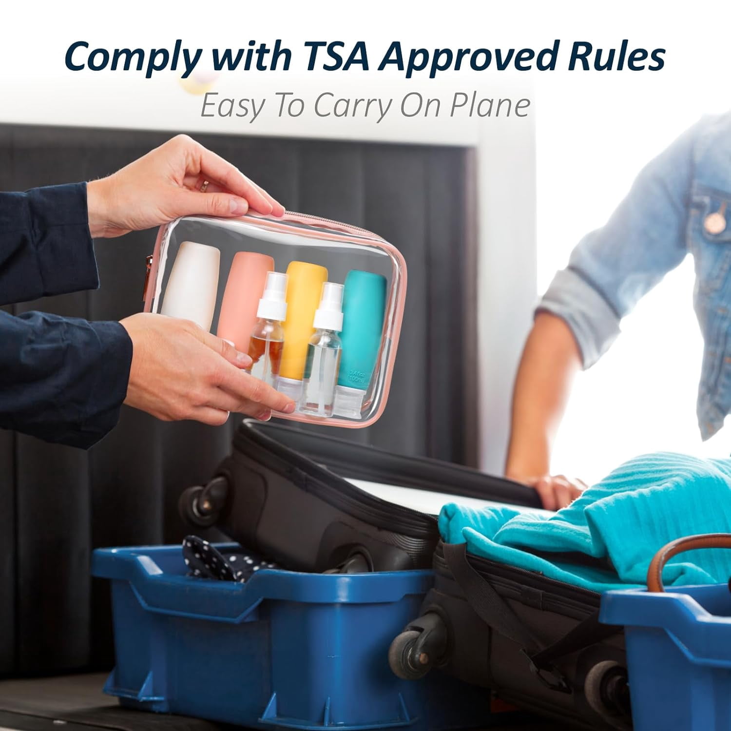 9 Pack TSA Approved Toiletry Bag with Bottles - Leakproof 3.4oz Silicone Travel Container Kit for Toiletries, Clear Quart Size Shampoo Conditioner Lotion (BPA Free)