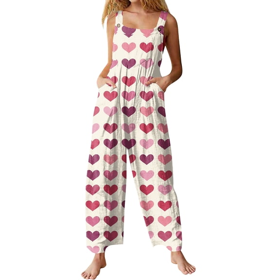 Kixjoy One Piece Jumpsuits for Women Plus Size Fashion Wide Leg Jumpsuits Heart Print Valentine's Day Baggy Pant Casual Fall Overalls for Women with Pockets, Pink 4XL