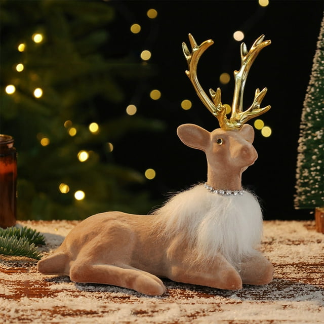 Xihbxyly Adorno de Reno, Decoración Navideña Festiva, Bufanda de Peluche y Astas Doradas, Material de Resina Resistente, Decoración Navideña Versátil, Regalo Ideal para Familiares o Compañeros, Tamañ