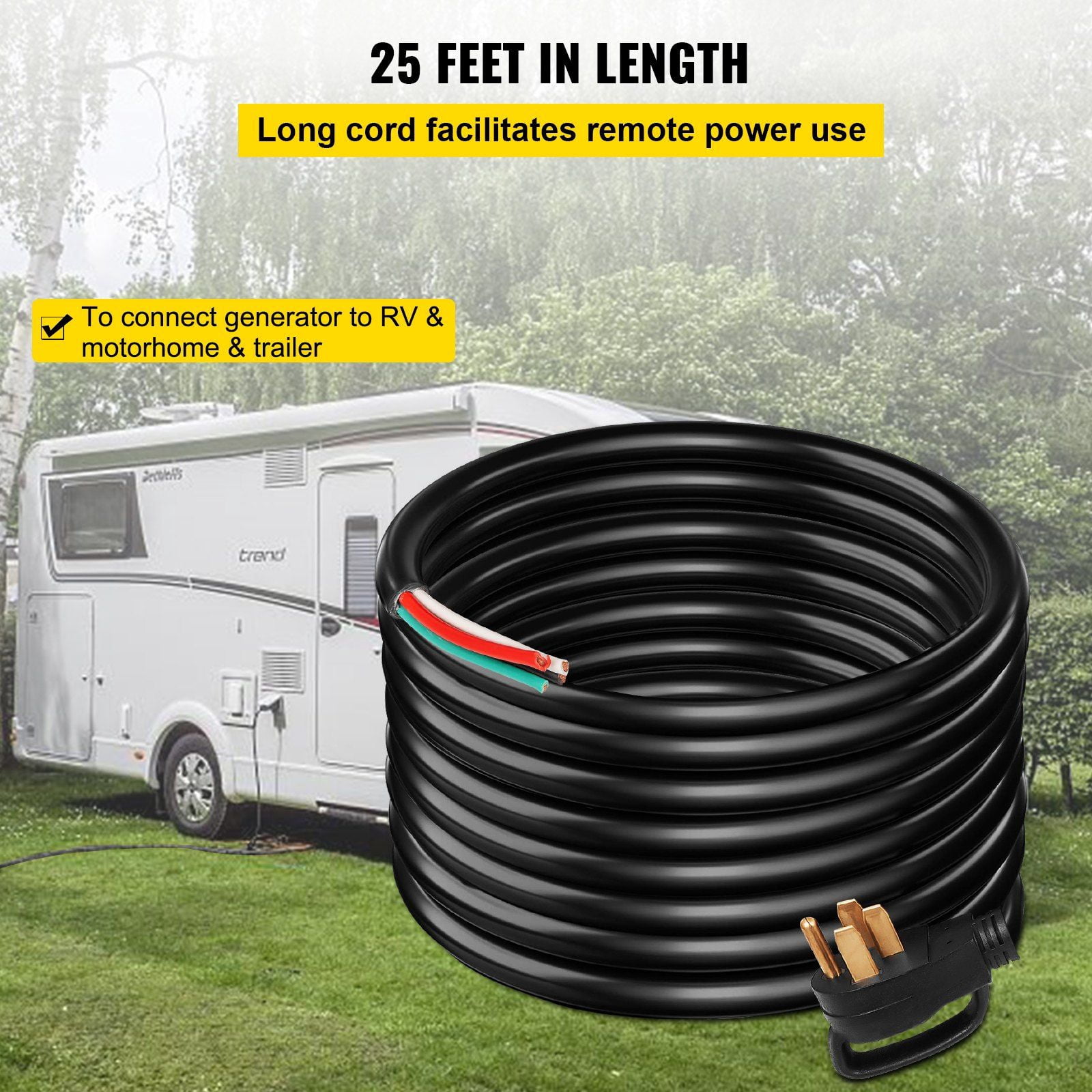 Zaverox 25FT 50A RV Generator Cord, 6/3+8/1 AWG NEMA 14-50P to Bare Wire for Camp Power