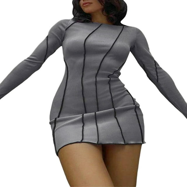 Women Casual Bodycon Dress Contrast Color Crew Neck Long Flare Sleeve Ribbed One-Piece Dress
