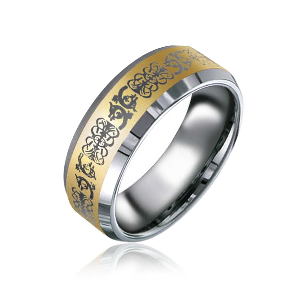 Bling Jewelry Mens Laser Etched Couples Celtic Dragon Titanium Wedding Band Ring for Women 14K Gold Plate Comfort Fit Beveled Edge 8MM 