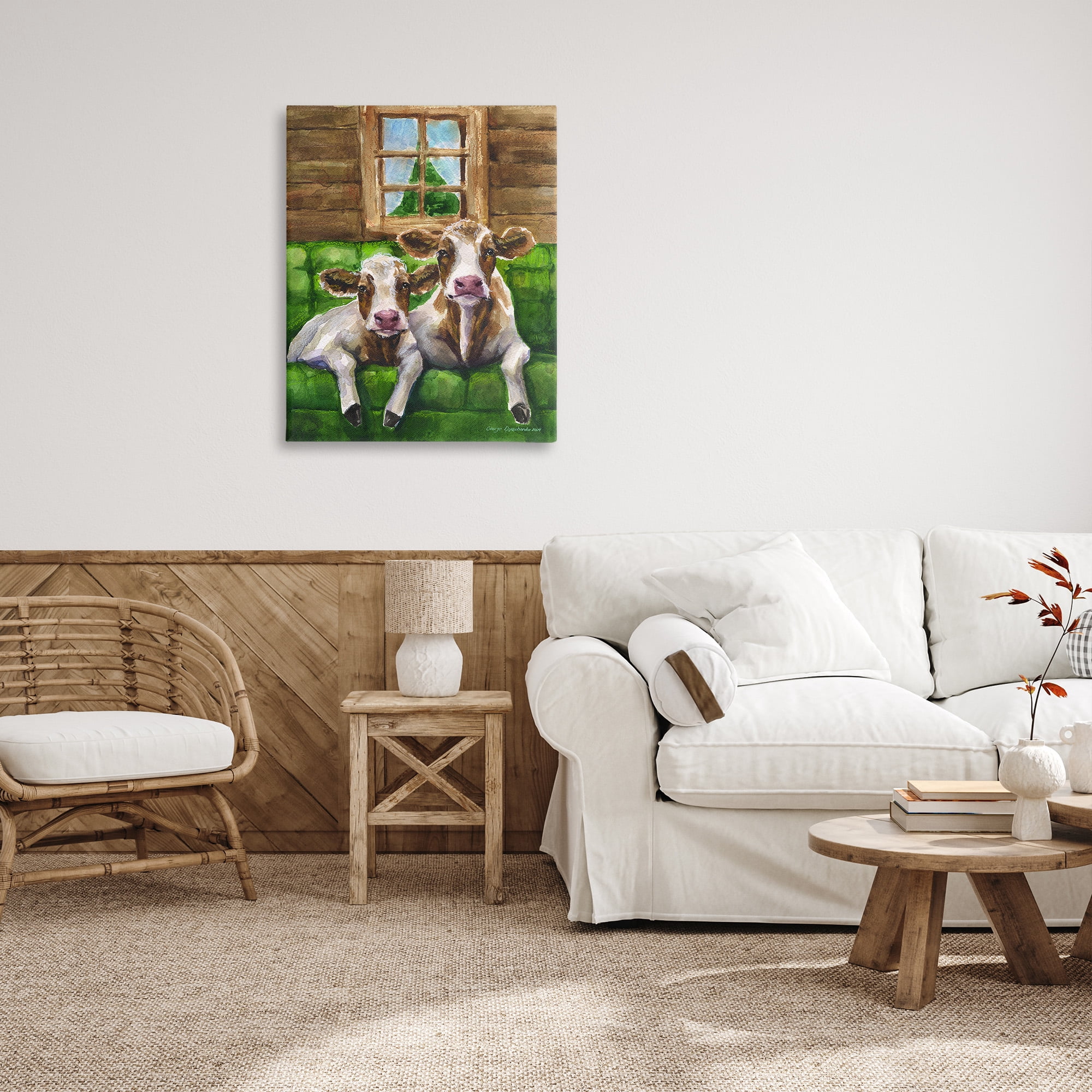 Stupell Industries Cows in Barn Cabin Animals & Insects Painting Gallery Wrapped Canvas Art Print Wall Art, 30 x 40