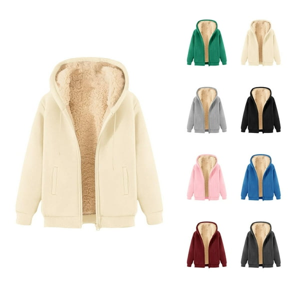 Lined Jacket for Women 2025 Fall Winter Long Sleeve Plain Basic Hoodie Hooded Jackets with Pockets Outerwear