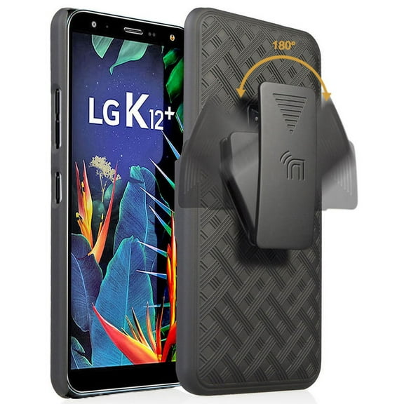 Case with Clip for LG Harmony 3, Nakedcellphone [Black Tread] Kickstand Cover with [Rotating/Ratchet] Belt Hip Holster Combo for Cricket LG Harmony 3 Phone (LMX420)
