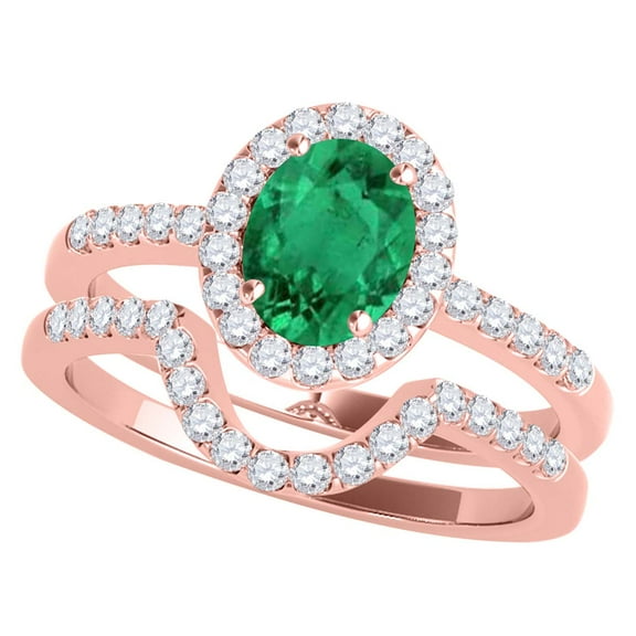 Mauli Jewels Engagement Rings for Women 1.10 Carat Oval Shaped Emerald And Diamond Bridal Set 4-prong 10K Rose Gold
