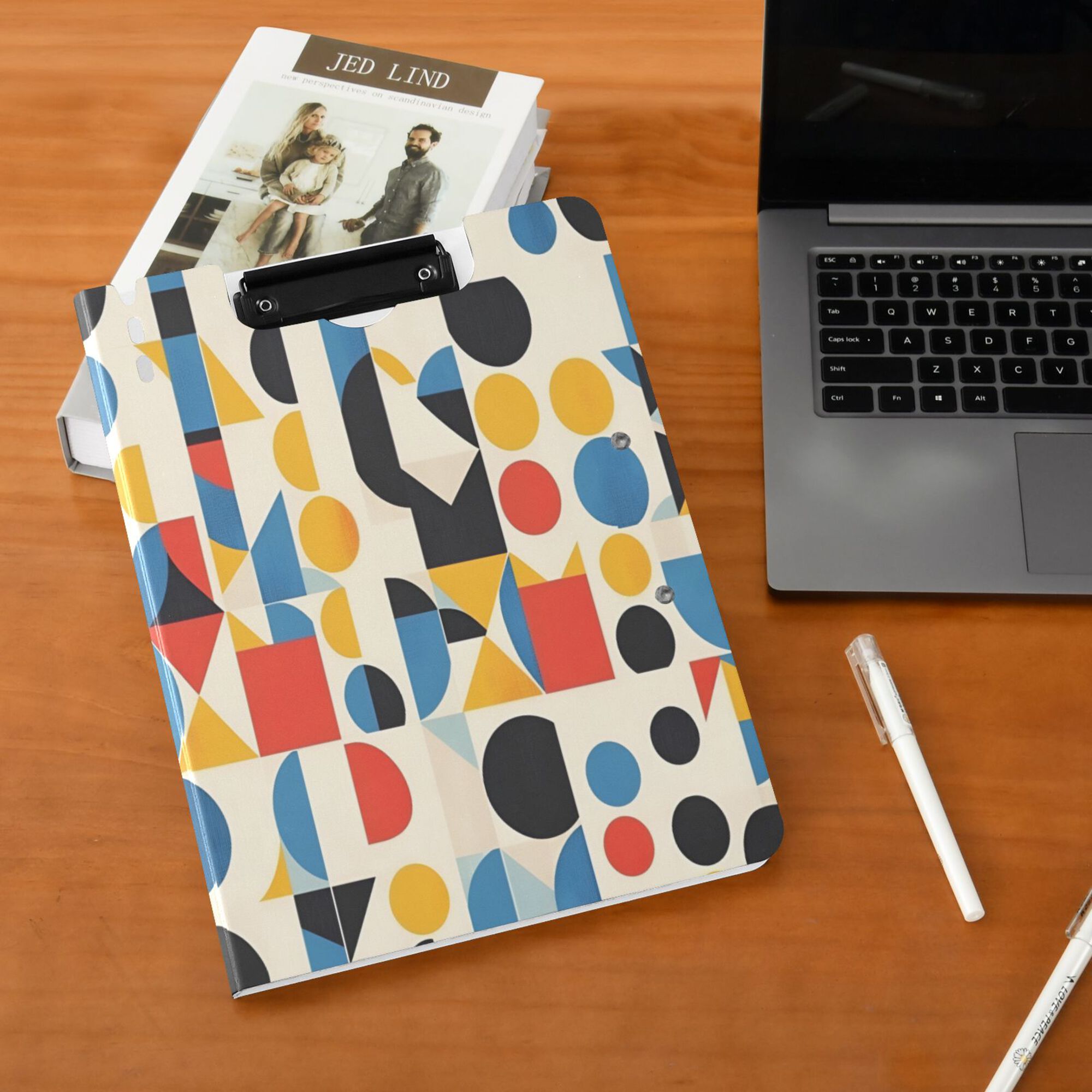 FORMRS A4 Clipboard Folder with Pen Holder Horizontal Foldable School Office Binder, Blue Geometric