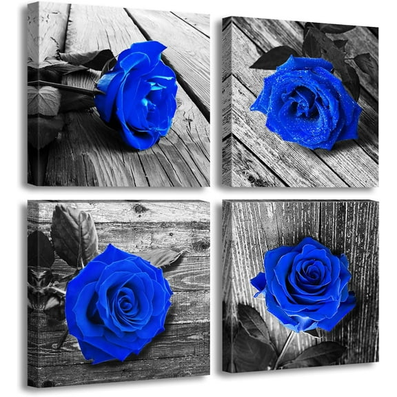Blue Canvas Wall Art Framed,Royal Blue Rose Pictures and Gray Print Flora Painting Decor Bedroom Modern Valentine'S Day Flower Aesthetics Contemporary Artwork Bathroom Home Decorations