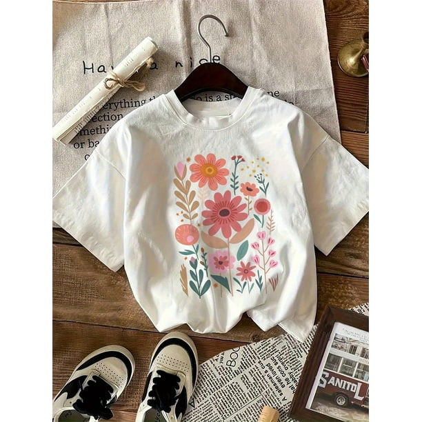 Girls' Short Sleeve T-Shirt - 100% Cotton Breathable Crew Neck Top with Vibrant Floral Print, Regular Fit Casual Tee for Teens & Kids, Machine Washable All-Season Comfort