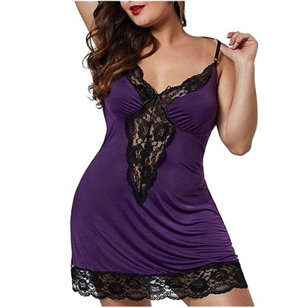 Plus Size Lingerie for Women L-5XL Lace Satin Nightdress Womens Lingerie V Neck Nightwear Satin Sleepwear Lace Chemise Mini Teddy Satin Nightgown Nightdresses Lingerie