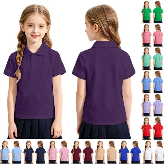 Girls Polo Uniform Shirt Summer Slim Fit Short Sleeve Comfy Collared Shirts for Girls Back to School Outfit,Dark Purple 130