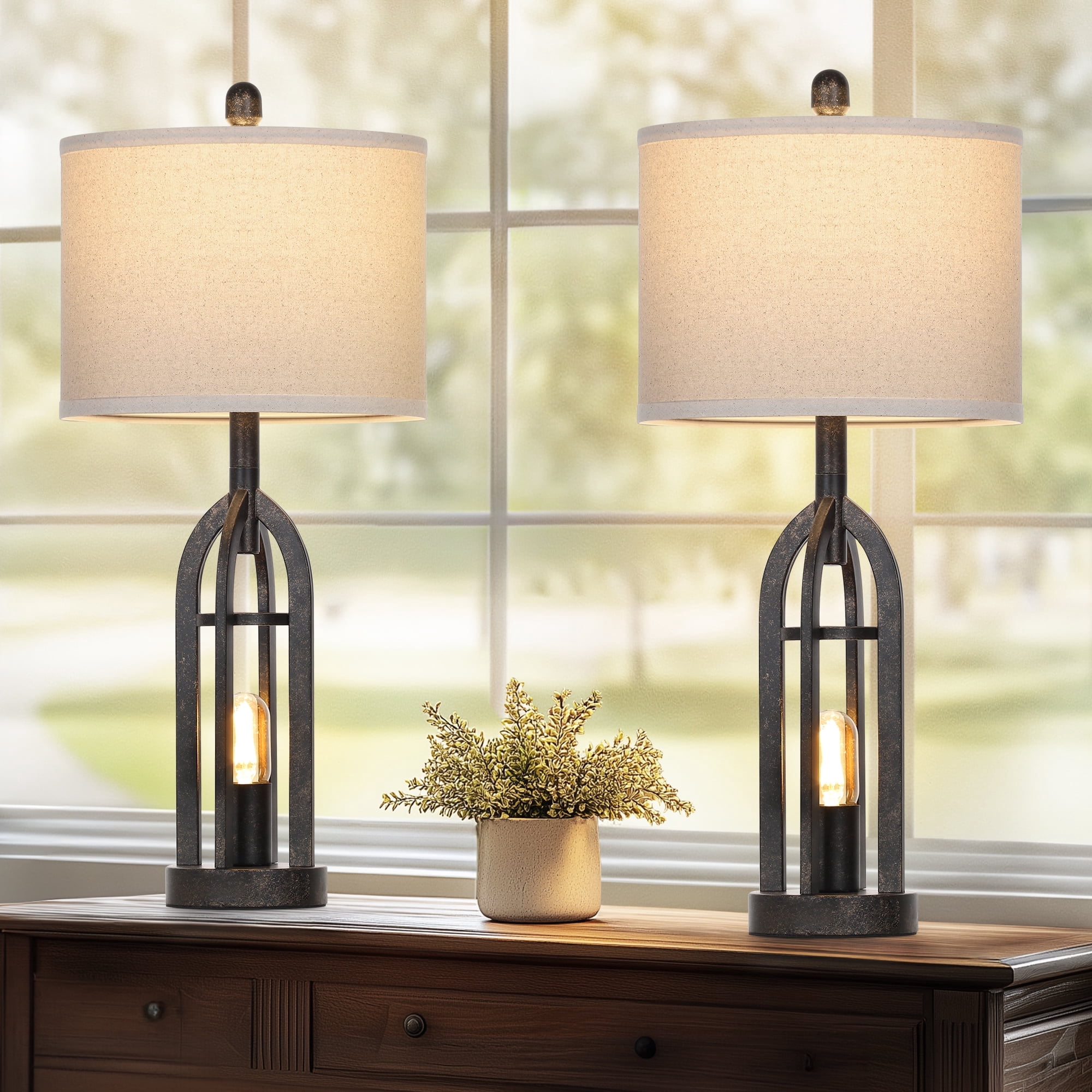 Cinkeda Table Lamps for Living Room Bedroom Set of 2 with USB A+C Ports AC Outlet Nightlight Industrial Gold 3 Way Dimmable Touch Control Bedside Nightstand Lamp