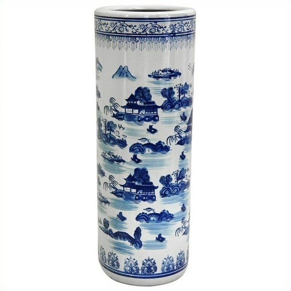 Oriental Furniture 24" Landscape Umbrella Stand in Blue and White