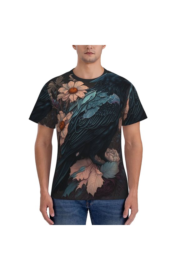 Workout T-Shirt Muscle Fit Athletic Tee Short Sleeve Shirt Gym Running, Crow Flowers Raven Gothic