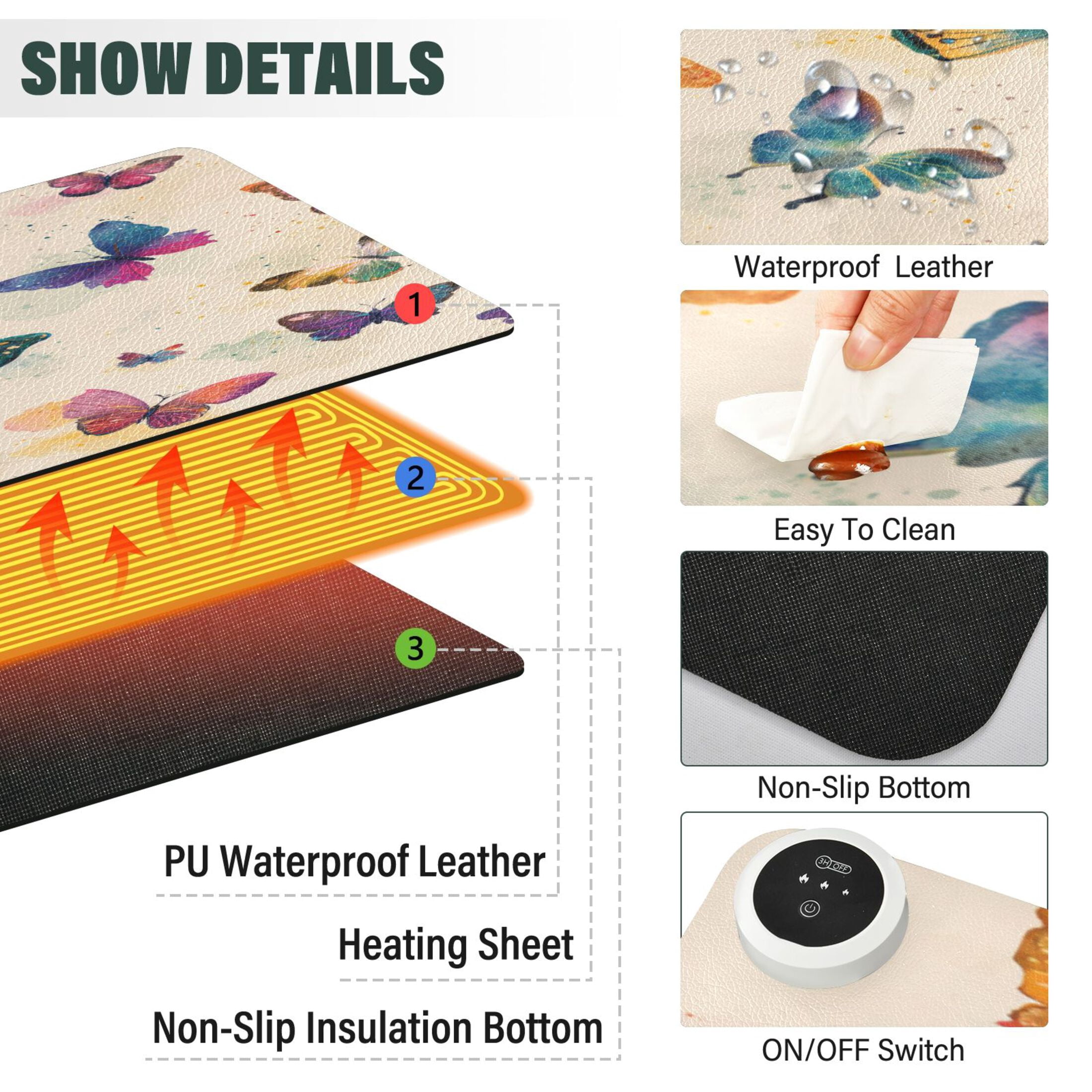 Large Heated Desk Mat Mouse Pad 31.5"x13"PU Leather Graphene Heating Desk Warmer with 3 Temperature Settings 110V US Plug Non-Slip Warm Pad for Home, Office, and Gaming Vibrant Polka Dot Butterfly
