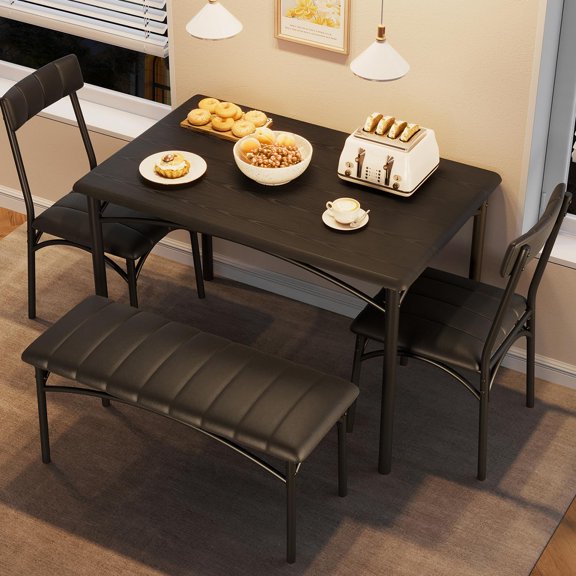 Dining Table Set for 4, Kitchen Table with Upholstered Bench and 2 Chairs, Kitchen Table and Chairs Set, for Small Space, Apartment, Home, Kitchen, Retro Black