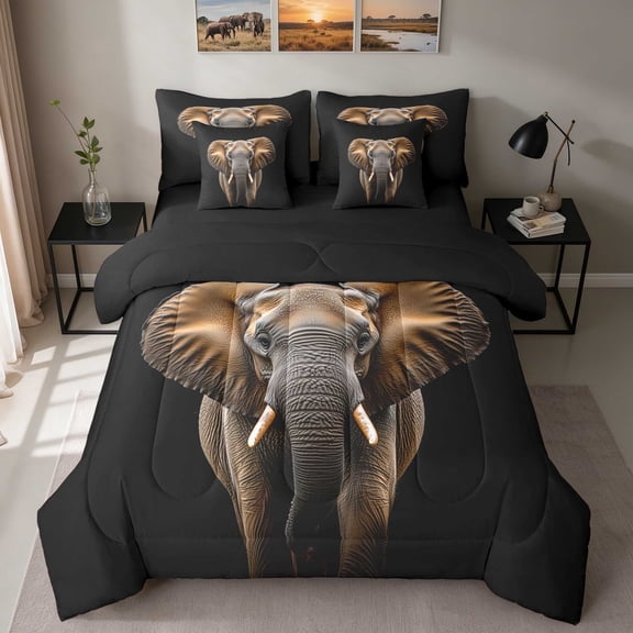 Erosebridal Elephant Twin Bedding, Black Portrait Bedding Comforter Set, Black Reversible 7 Pieces