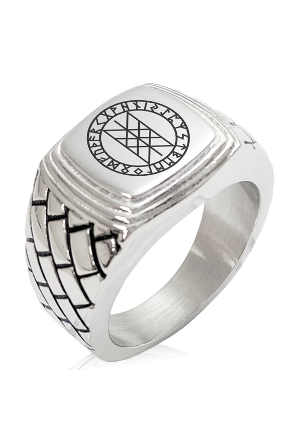 Stainless Steel Vegvisir Web of Wyrd Skuld’s Net Viking Geometric Pattern Step-Down Biker Style Polished Ring