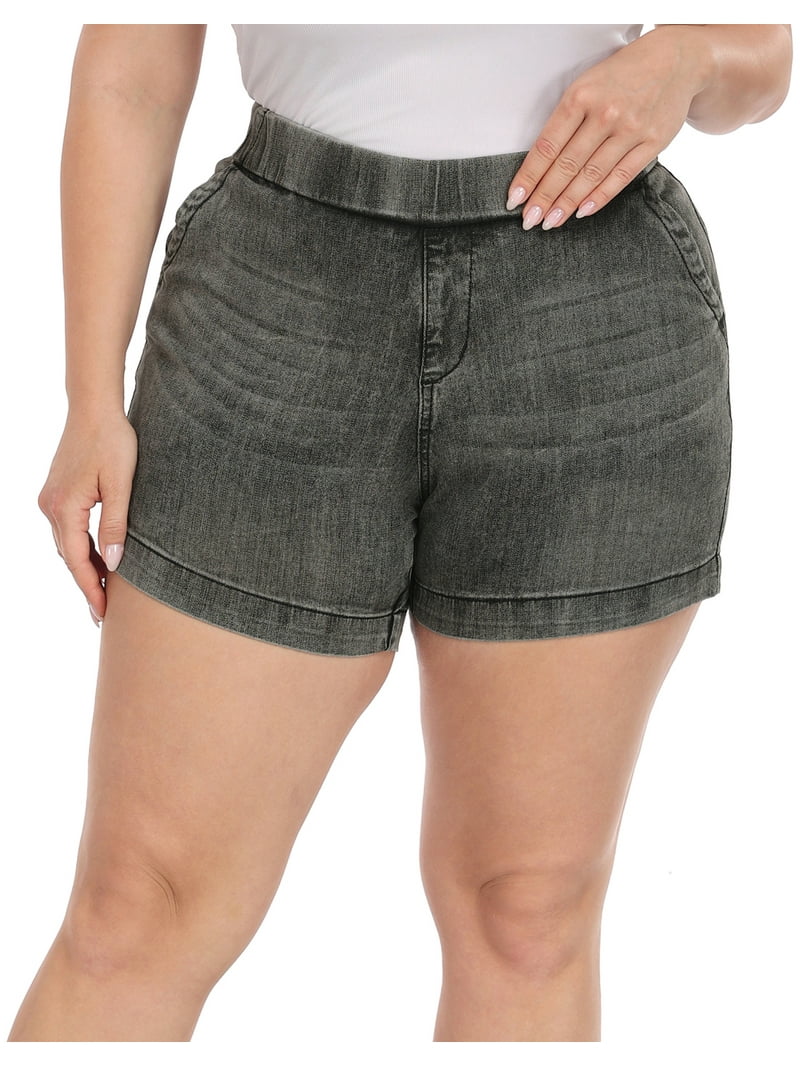 HDE Women's Plus Size Jean Shorts High Waisted Pull On Shorts