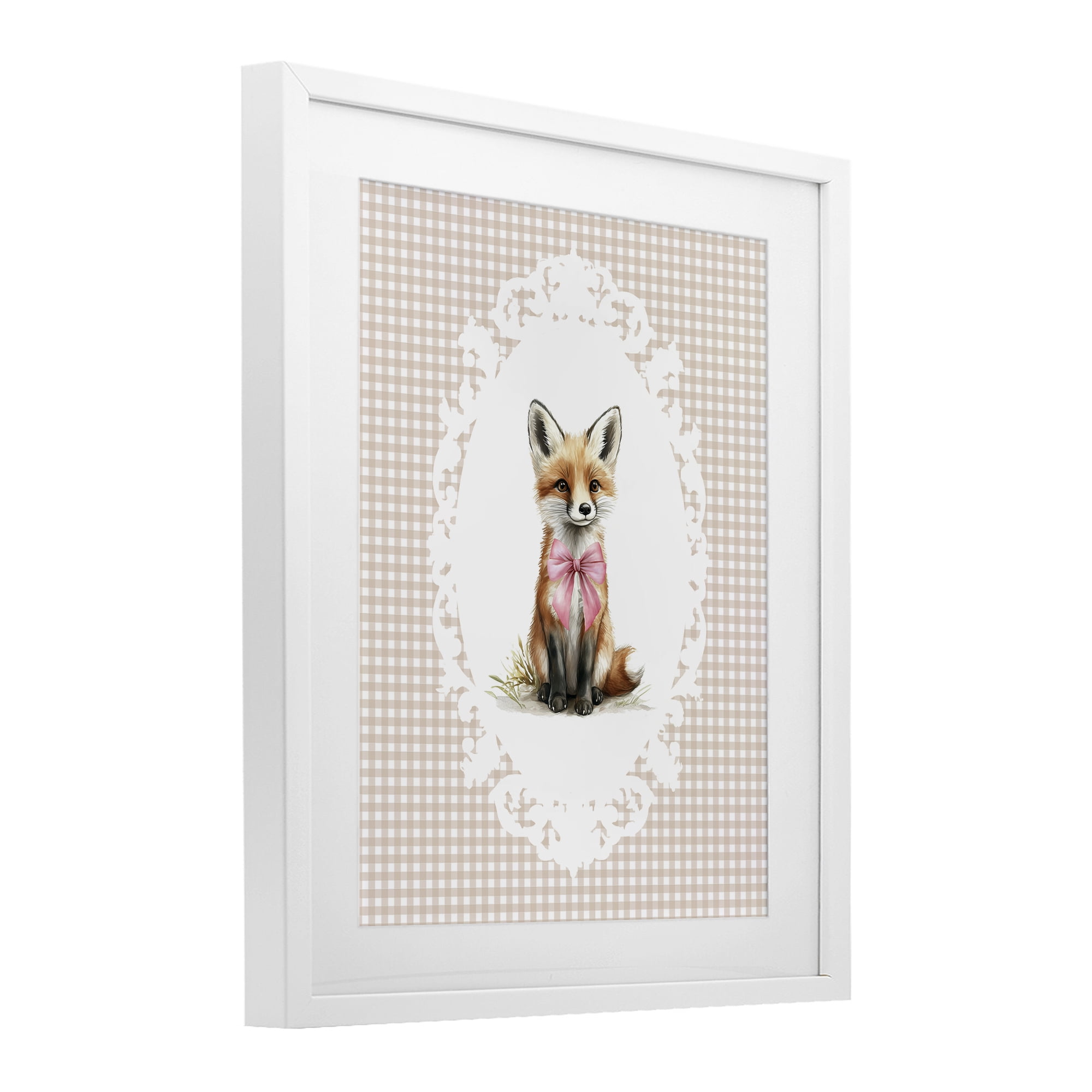 Stupell Industries Vintage Bow Fox on Gingham White Framed Print Under Glass, design by Christine Simpson Art