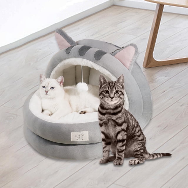 Cama para gatos, cueva, nido de Gato semicerrado, escondite para gatitos, acogedor, accesorios suaves para mascotas, perrera con fondo antideslizante, , gris M